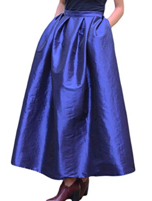 PERSUN Women's High Waist Flared Holiday Party Long Maxi Satin Skirt with Pockets(Black, Silver, Pink, Blue, Green)