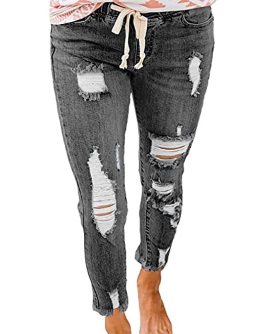 Sidefeel Women Pull-on Distressed Denim Joggers Elastic Waist Stretch Pants