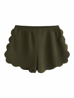 Women's Solid Elastic Waist Scalloped Casual Fitted Shorts