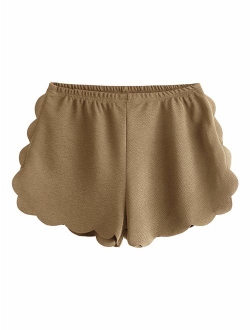 Women's Solid Elastic Waist Scalloped Casual Fitted Shorts