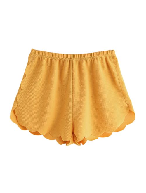 MakeMeChic Women's Solid Elastic Waist Scalloped Casual Fitted Shorts