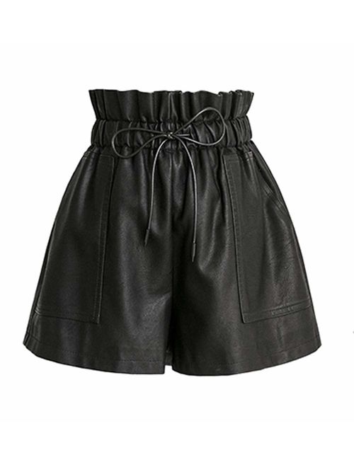 SCHHJZPJ High Waisted Wide Leg Black Faux Leather Shorts for Women