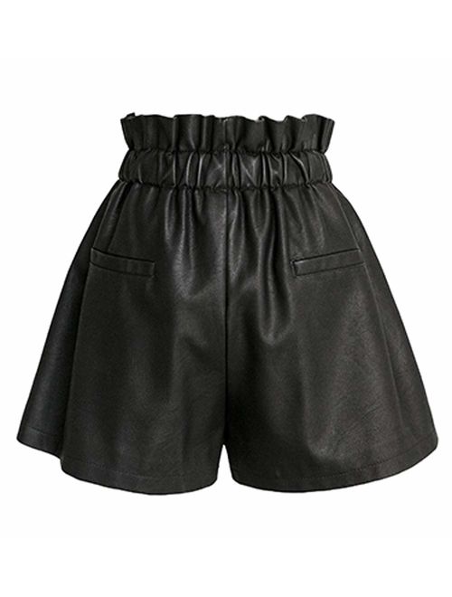 Everbellus Womens Casual Wide Leg Shorts High Waisted Faux Leather Shorts