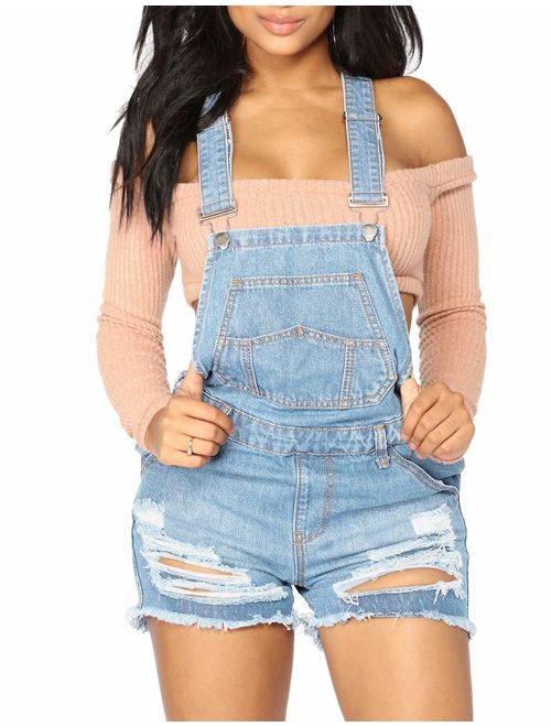 Vetinee Women's Classic Adjustable Straps Cuffed Hem Denim Bib Overalls Shorts