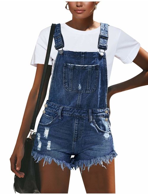 Vetinee Women's Classic Adjustable Straps Cuffed Hem Denim Bib Overalls Shorts