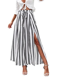 Simplee Women's Elegant Striped Split High Waisted Belted Flowy Wide Leg Pants