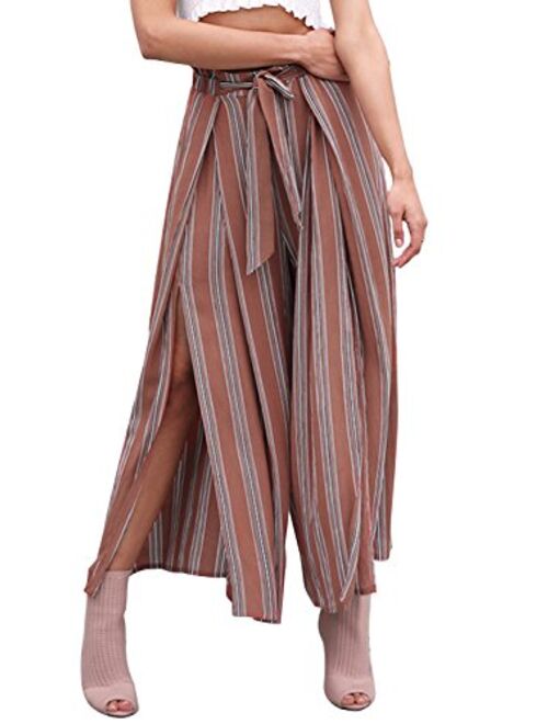 Simplee Women's Elegant Striped Split High Waisted Belted Flowy Wide Leg Pants