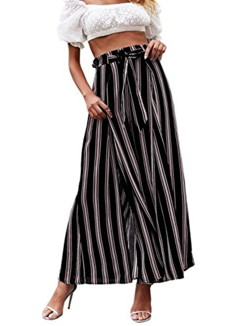 Simplee Women's Elegant Striped Split High Waisted Belted Flowy Wide Leg Pants