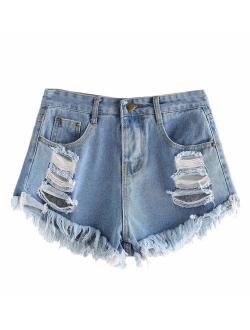 Women's Retro High Waisted Rolled Denim Jean Shorts with Pockets