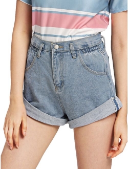 Women's Retro High Waisted Rolled Denim Jean Shorts with Pockets