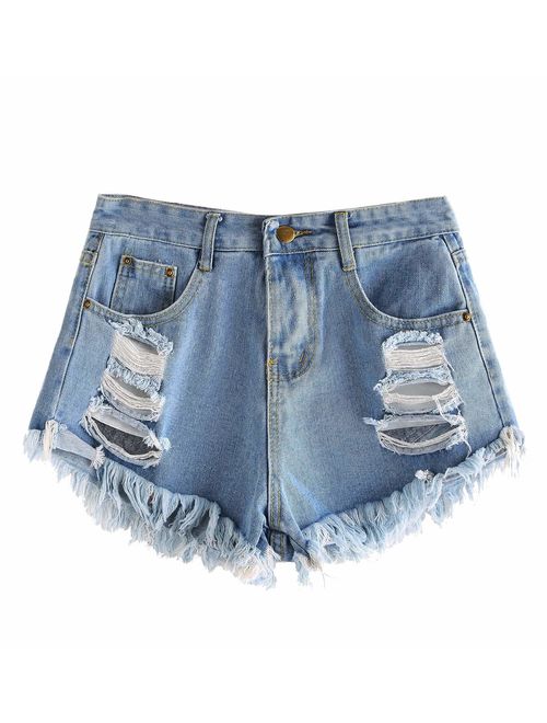 SweatyRocks Women's Retro High Waisted Rolled Denim Jean Shorts with Pockets