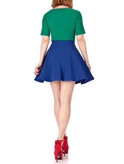 Basic Solid Stretchy Cotton High Waist A-line Flared Skater Mini Skirt