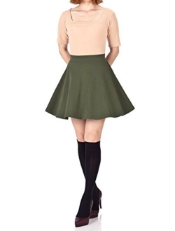 Basic Solid Stretchy Cotton High Waist A-line Flared Skater Mini Skirt