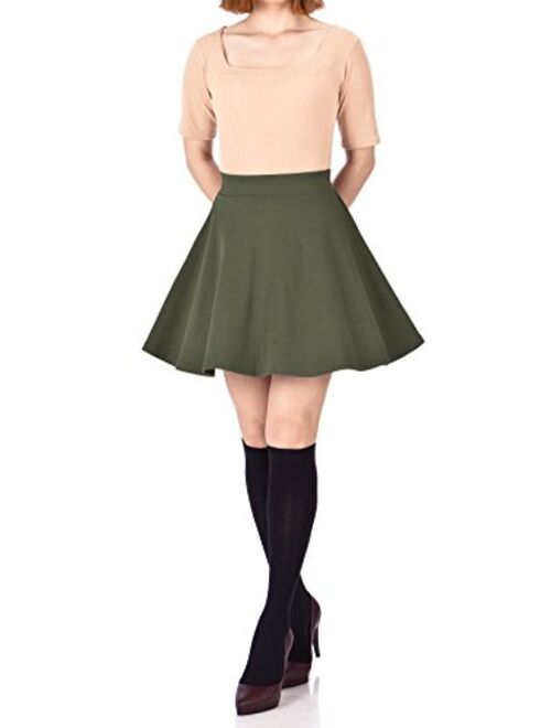 Basic Solid Stretchy Cotton High Waist A-line Flared Skater Mini Skirt