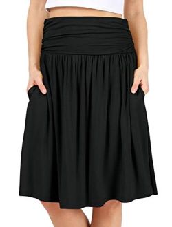 Simlu Womens Regular and Plus Size Skirt with Pockets Below The Knee Length Ruched Flowy Skirt