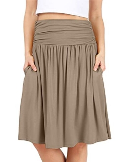 Simlu Womens Regular and Plus Size Skirt with Pockets Below The Knee Length Ruched Flowy Skirt