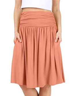 Simlu Womens Regular and Plus Size Skirt with Pockets Below The Knee Length Ruched Flowy Skirt