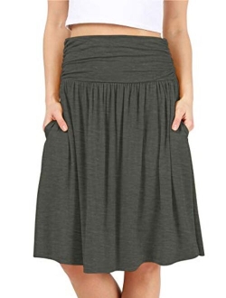 Simlu Womens Regular and Plus Size Skirt with Pockets Below The Knee Length Ruched Flowy Skirt