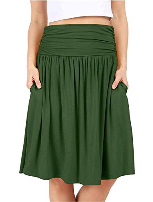 Simlu Womens Regular and Plus Size Skirt with Pockets Below The Knee Length Ruched Flowy Skirt