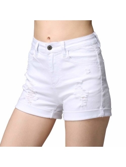 cunlin High Waist Frayed Raw/Folded Hem Denim Shorts for Women Ripped high Waisted Tassel Fringe Jeans Shorts