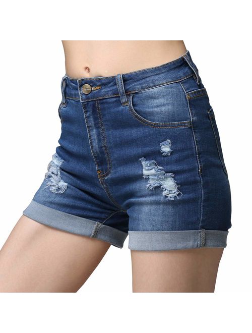 cunlin High Waist Frayed Raw/Folded Hem Denim Shorts for Women Ripped high Waisted Tassel Fringe Jeans Shorts