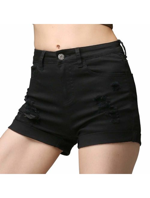 cunlin High Waist Frayed Raw/Folded Hem Denim Shorts for Women Ripped high Waisted Tassel Fringe Jeans Shorts