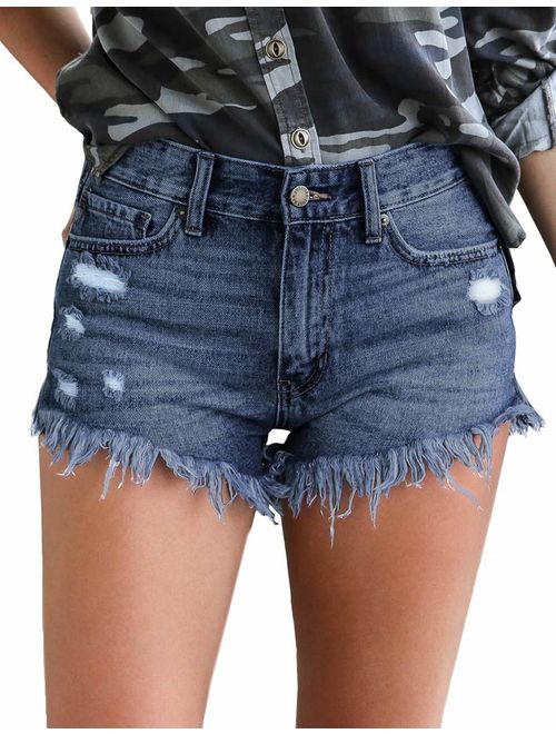 cunlin High Waist Frayed Raw/Folded Hem Denim Shorts for Women Ripped high Waisted Tassel Fringe Jeans Shorts