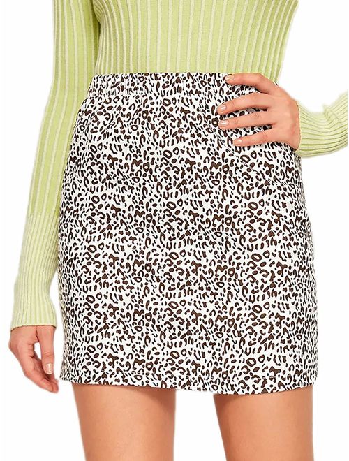 WDIRARA Women's Mid Waist Above Knee O-Ring Zipper Front Leopard Print Skirt