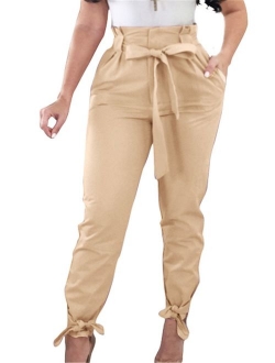 GOBLES Women Solid Casual Work Trousers High Waist Ruffle Bow Tie Pants