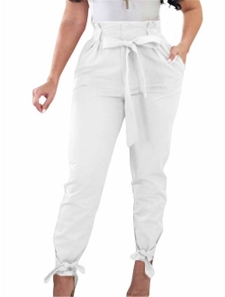 GOBLES Women Solid Casual Work Trousers High Waist Ruffle Bow Tie Pants