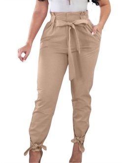 GOBLES Women Solid Casual Work Trousers High Waist Ruffle Bow Tie Pants