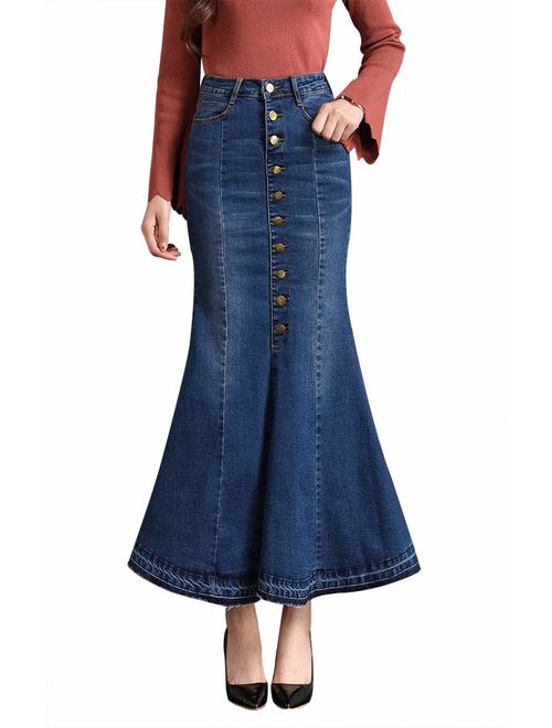 LISUEYNE Women's Casual Stretch Waist Washed Denim Ruffle Fishtail Skirts Long Jean Skirt