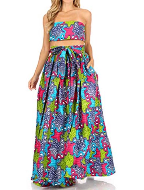 Sakkas Asma Convertible Traditional Wax Print Adjustable Strap Maxi Skirt | Dress