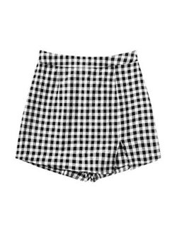 Women's Contrast Binding Knot Side Mid Waist Asymmetrical Skirt Shorts