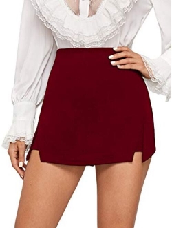 Women's Contrast Binding Knot Side Mid Waist Asymmetrical Skirt Shorts