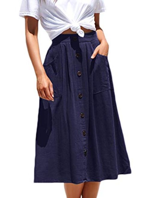 Meyeeka Womens Casual High Waist Flared A-line Skirt Pleated Midi Skirt with Pocket