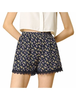 Women's Shorts Allover Floral Printed Lace Trim Hem Elastic Waist Beach Shorts