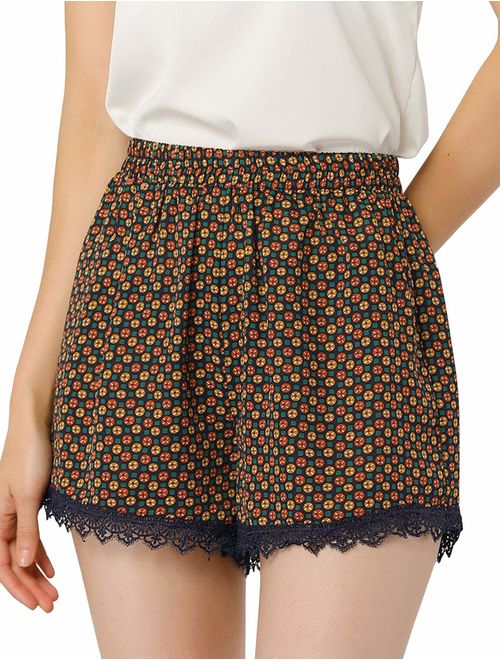 Allegra K Women's Shorts Allover Floral Printed Lace Trim Hem Elastic Waist Beach Shorts