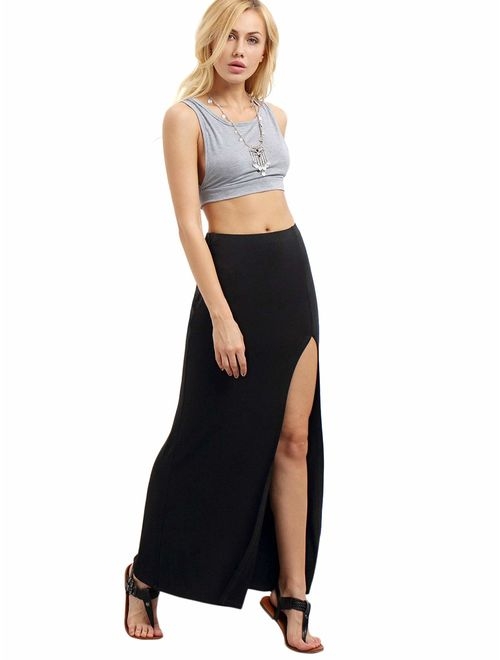 Verdusa Women's Solid Color High Waist Side Split Maxi Skirt