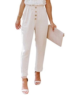 Yissang Women's Casual Loose Paper Bag Waist Long Pants Trousers with Bow Tie Belt Pockets