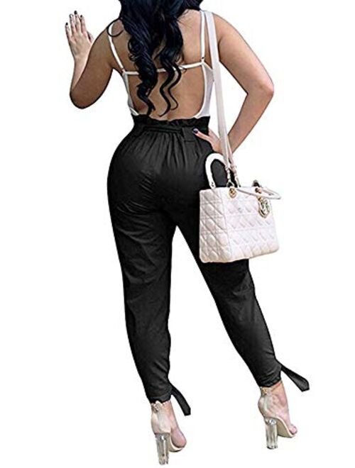 Yissang Women's Casual Loose Paper Bag Waist Long Pants Trousers with Bow Tie Belt Pockets