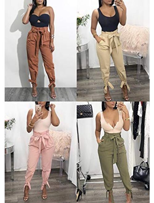 Yissang Women's Casual Loose Paper Bag Waist Long Pants Trousers with Bow Tie Belt Pockets