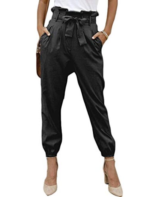 Yissang Women's Casual Loose Paper Bag Waist Long Pants Trousers with Bow Tie Belt Pockets