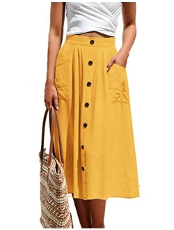 Naggoo Womens Casual Front Button A-Line Skirts High Waisted Midi Skirt with Pockets