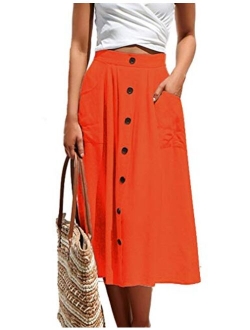 Naggoo Womens Casual Front Button A-Line Skirts High Waisted Midi Skirt with Pockets