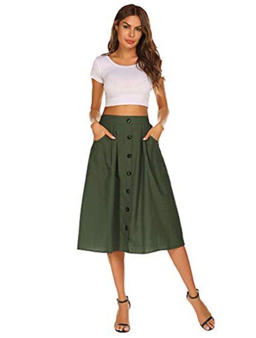 Naggoo Womens Casual Front Button A-Line Skirts High Waisted Midi Skirt with Pockets