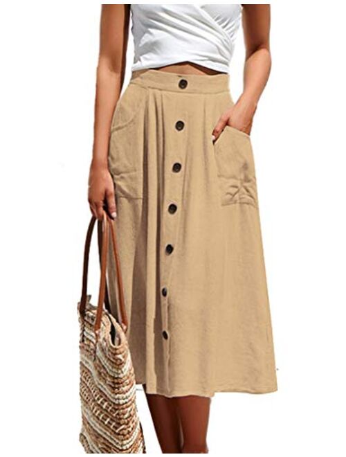 Naggoo Womens Casual Front Button A-Line Skirts High Waisted Midi Skirt with Pockets