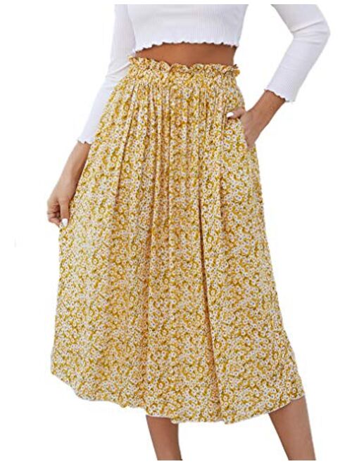 Naggoo Womens Casual Front Button A-Line Skirts High Waisted Midi Skirt with Pockets