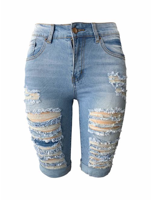 Aodrusa Womens Middle Rise Stretchy Denim Shorts Knee Length Curvy Bermuda Stretch Short Jeans