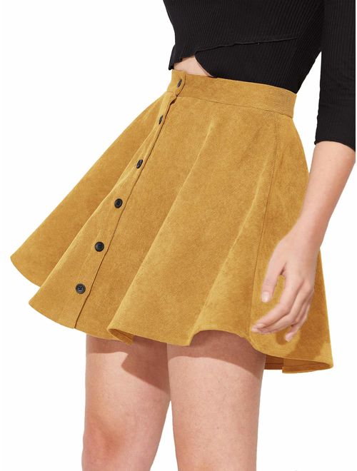 SheIn Women's Button Up Flare A-Line Corduroy Skater Cord Short Skirt